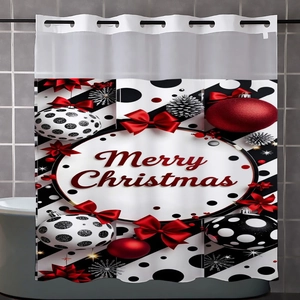 Christmas shower curtain with red and black ornaments and Merry Christmas script