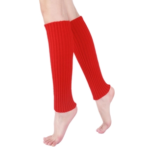 Detail of vibrant red ribbed knit leg warmers showing elastic texture and fit