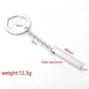 Polished stainless steel bar keychain with 40mm pendant and measurements on white background