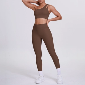 One-shoulder chocolate brown yoga bra and high-waist leggings set for fitness