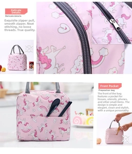 Detail view of unicorn pattern lunch bag with smooth zipper and front pocket storage