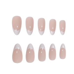 Uñas postizas de almendra francesas blancas con base nude brillante set de 10