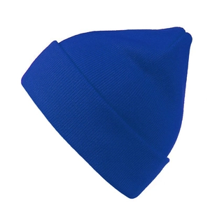 Detailed ribbed texture of a royal blue cuffed knit beanie cap for winter