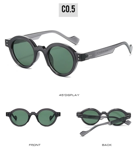 Three views of round steampunk sunglasses with dark green lenses and geometric temple detail