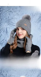 Detailed knit texture of a grey winter hat, neck warmer and touch screen gloves set