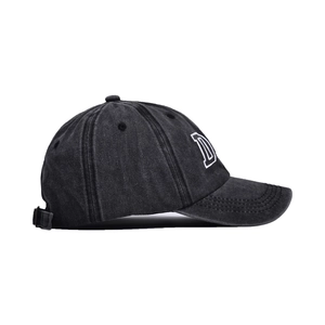 Adjustable dark grey washed denim baseball cap featuring white letter D embroidery detail