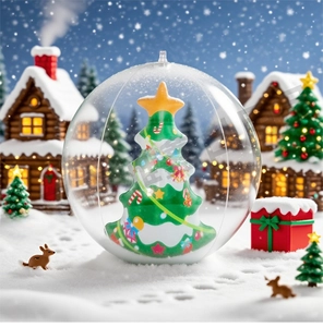 Detail of inflatable transparent Christmas ball with miniature tree and snow village scene