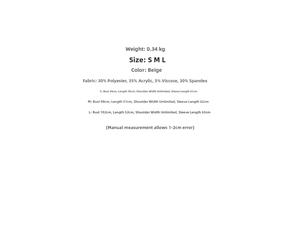 Detailed size chart for the single-breasted beige knitted cardigan for women