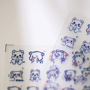 3D transparent nail art stickers featuring cute blue line kittens and bear illustrations