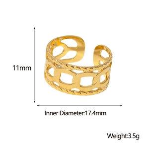 Polished 18k gold plated stainless steel open ring with chain texture design and size specs
