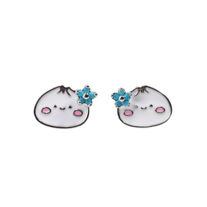 Cute cartoon steamed bun stud earrings with white enamel and blue flower for women