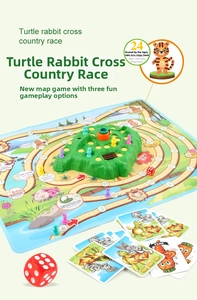 Detailed setup of Rabbit and Turtle board game with colorful map, cards, and dice