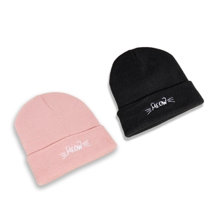 Winter knitted cat ears beanie with MEOW embroidery in black and pink colors