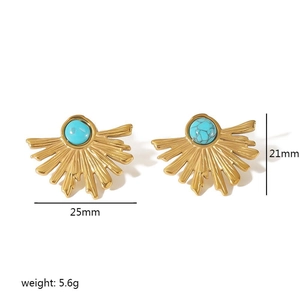 French vintage 18K gold plated stainless steel fan earrings with turquoise stone