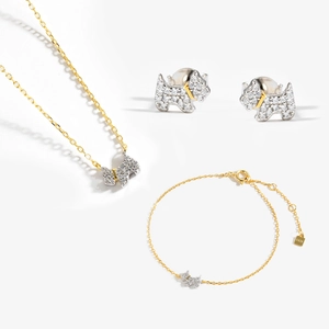 S925 sterling silver dog jewelry set with necklace earrings and bracelet in gold and white