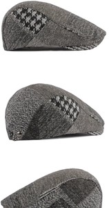 Detailed views of vintage newsboy cap showing houndstooth and herringbone patchwork patterns
