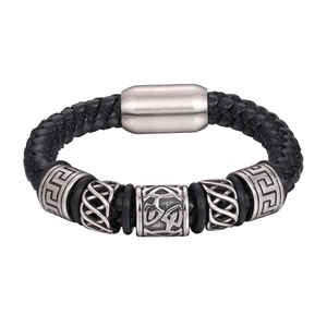 Bracelet En Cuir De Vachette Tressé Avec Perles Nœud Celtique En Acier Titane Fermoir Magnétique Rétro Unisexe