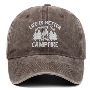Close-up of fine embroidery detail on vintage washed cotton camping baseball cap