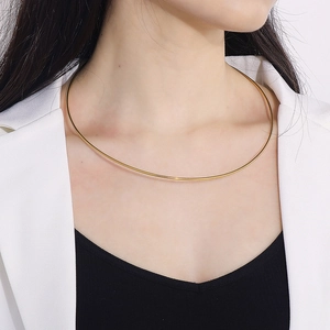 Close-up of a minimalist gold-plated choker on a model with white and black clothing