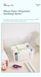 Close-up of a large capacity transparent storage box with items like notebooks inside