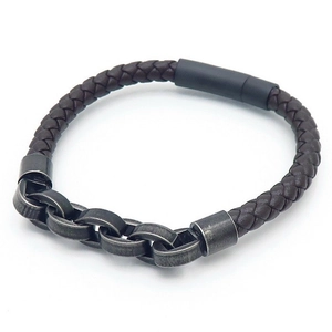 Men's dark brown braided leather bracelet featuring a vintage stainless steel chain link