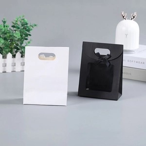 Ins style minimalist gift bags in white and black with clear window and ribbon bow