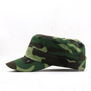Detail of classic jungle camouflage cap with reinforced stitching and cotton canvas texture