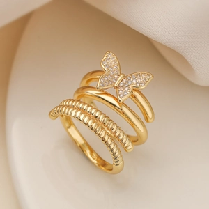 Elegant gold butterfly layered ring with sparkling zircons and a polished open design