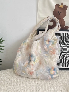 Borsa tote in chiffon floreale con trama sfrangiata e grande capacità a tracolla