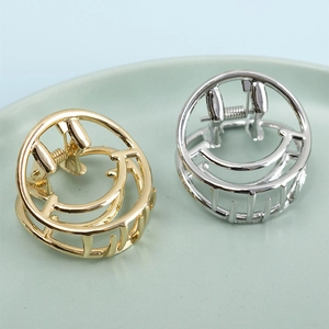 Smile Face Hair Claw Clip Hollow Geometric Round Metal Gold Silver Plated Non-Slip Strong Hold Korean Style Women