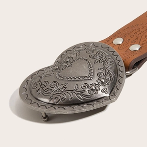 Vintage brown textured leather belt with embossed heart buckle and floral pattern