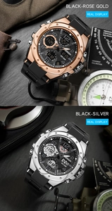 Close-up of waterproof dual-display sport watch with tactical accessories on a stone surface