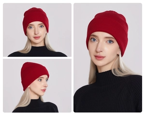Detail shots of a classic red knitted winter beanie from three different angles.