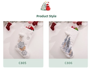 Close-up of white plush Christmas stockings with embroidered snowflake and tree patterns