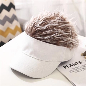 Detail of creative white visor hat featuring a fluffy brown faux wig hair decoration top