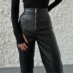High Waist PU Leather Pants Women Solid Color Straight Leg Trousers With Front Zipper And Side Split Streetwear