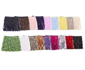 Selection of sequin mini skirts in multiple vibrant colors shown on white background