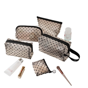 5-piece set of transparent black polka dot mesh makeup bags for travel storage