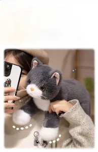 Detailed view of a soft grey and white plush cat being held to show size and texture