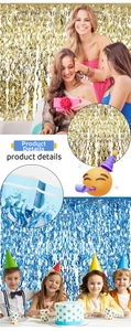 Detail showing shiny gold and blue metallic foil fringe curtains for party backgrounds