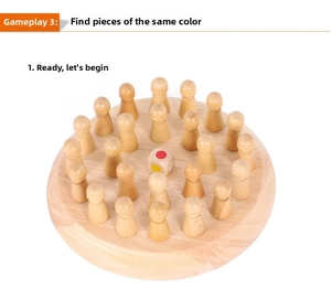 Close-up of a wooden memory chess board with colorful pegs and matching dice toy