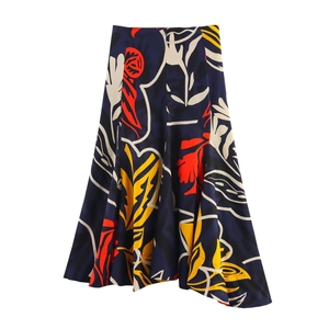 High-waist A-line skirt with dark blue floral print on clean white background