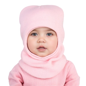 Detail of pink knitted baby balaclava hat with integrated neck warmer and soft texture
