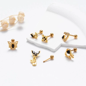 7-piece gold stainless steel stud earrings set with black zircon heart and butterfly