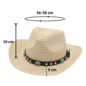 Detail showing dimensions of straw cowboy hat with turquoise studs and leather band