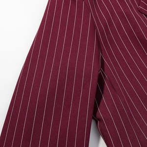 Detail shot of burgundy pinstripe fabric texture and sleeve tailoring on a suit jacket