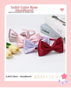 Detailed set of four handmade satin bow headbands in burgundy, purple, pink and champagne