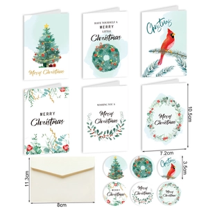 Detailed view of Christmas greeting cards set with envelopes and stickers measurements