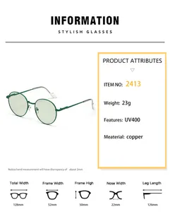 Detailed size chart for retro green round sunglasses with UV400 and frame dimensions