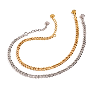 Two-tone silver and 18K gold plated stainless steel curb chain anklets with lobster clasp